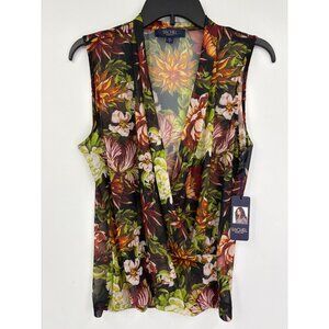 Rachel By Rachel Roy Mesh Floral Sleeveless Faux Wrap Black Multi Medium NEW